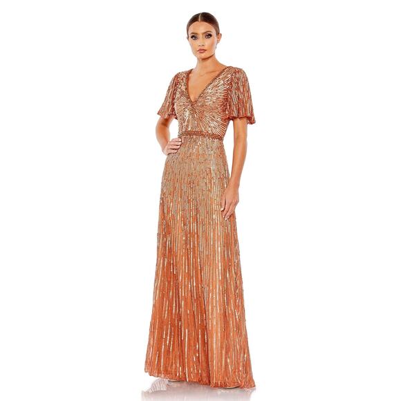 Mac Duggal Embellished V Neck Butterfly Sleeve Column Gown Copper Size 8 NWT